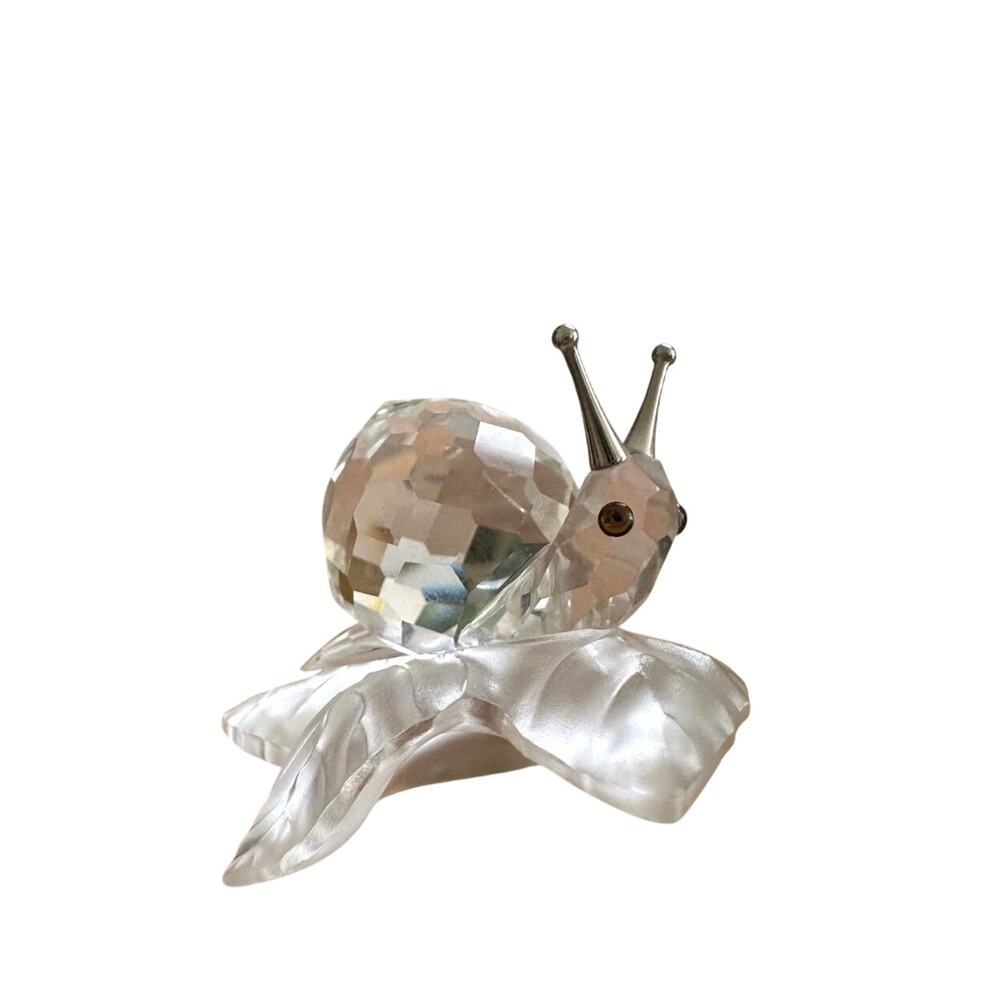 Vintage Retired Swarovski Silver Clear Crystal Snail on a Frosted Vine Leaf